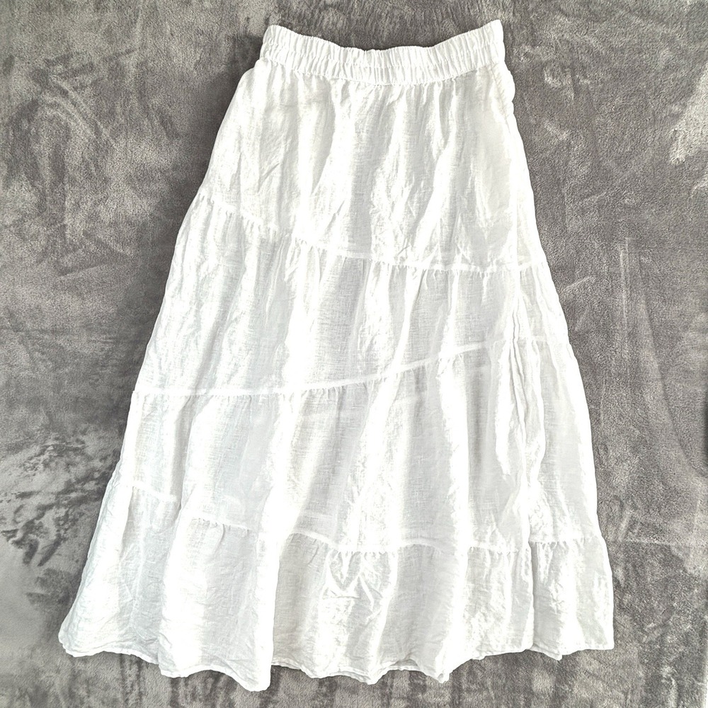 Rachel Zoe White 100% Linen Tiered Maxi Skirt Elastic Waist Pockets M - Picture 4 of 8